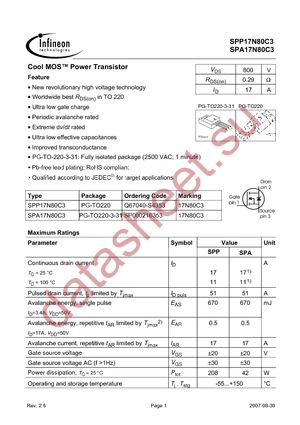 SPP17N80C3 datasheet  